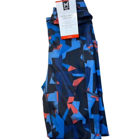 Extra-Warm Leggings Womens Geometric Print Blue & Red High-Waist X-Small Moistur - Picture 1 of 1